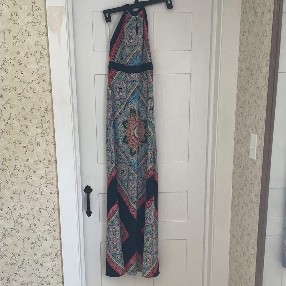 Allen B. Multicolor Patterned Halter Top Maxi Dress